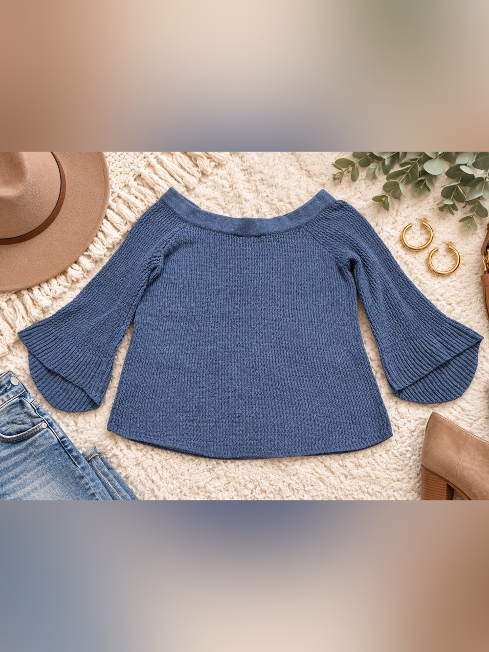 Abercrombie & Fitch Dusty Blue Off Shoulder Bell Sleeve Knit Sweater